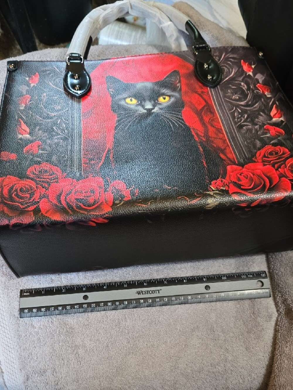 Black Cat Print Tote Bag with Red Rose Accents - Picture 2 of 5